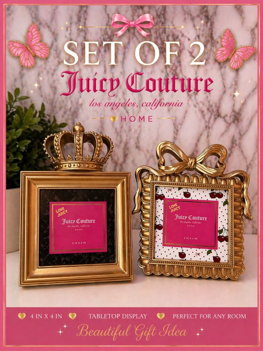 Juicy Couture Gold Crown & Bow Photo Frames Set of 2 4x4 Vanity Decor